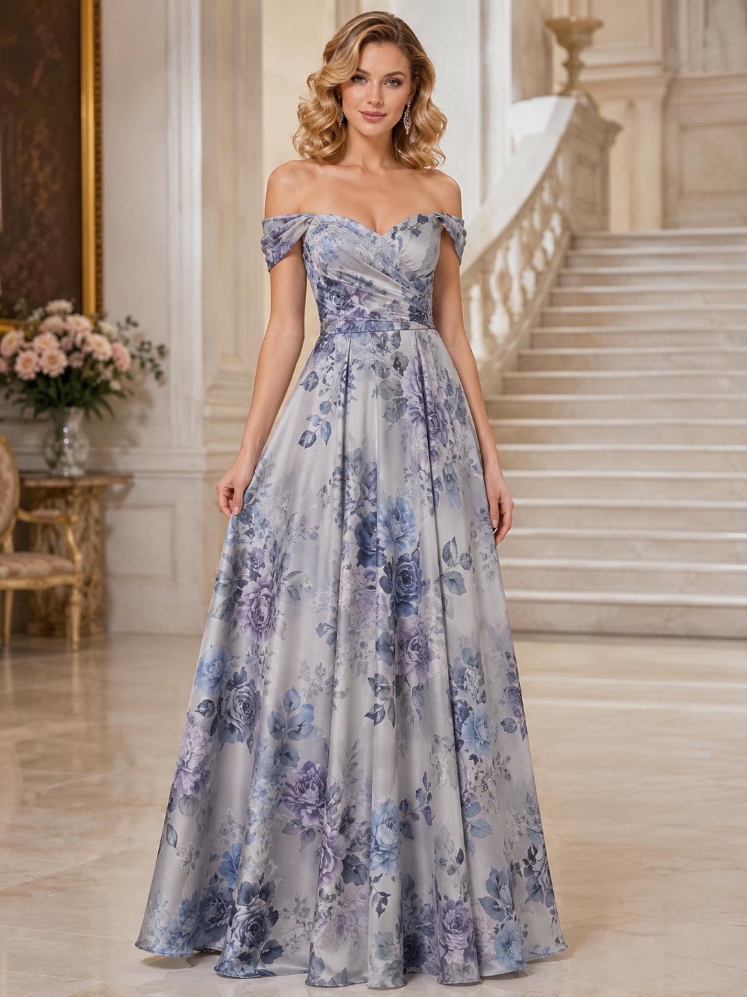 Steel Blue Floral Off Shoulder A Line Chiffon Formal Gown front view
