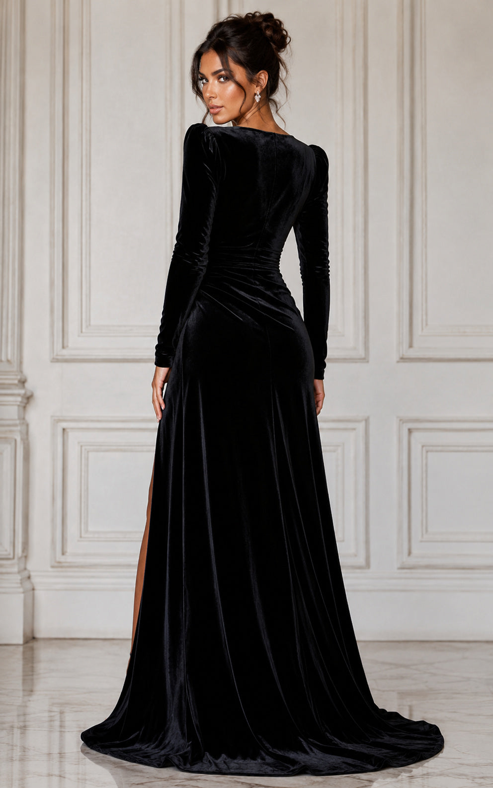 Black Velvet Prom Dress with Long Sleeves and Slit A-Line Gown back view