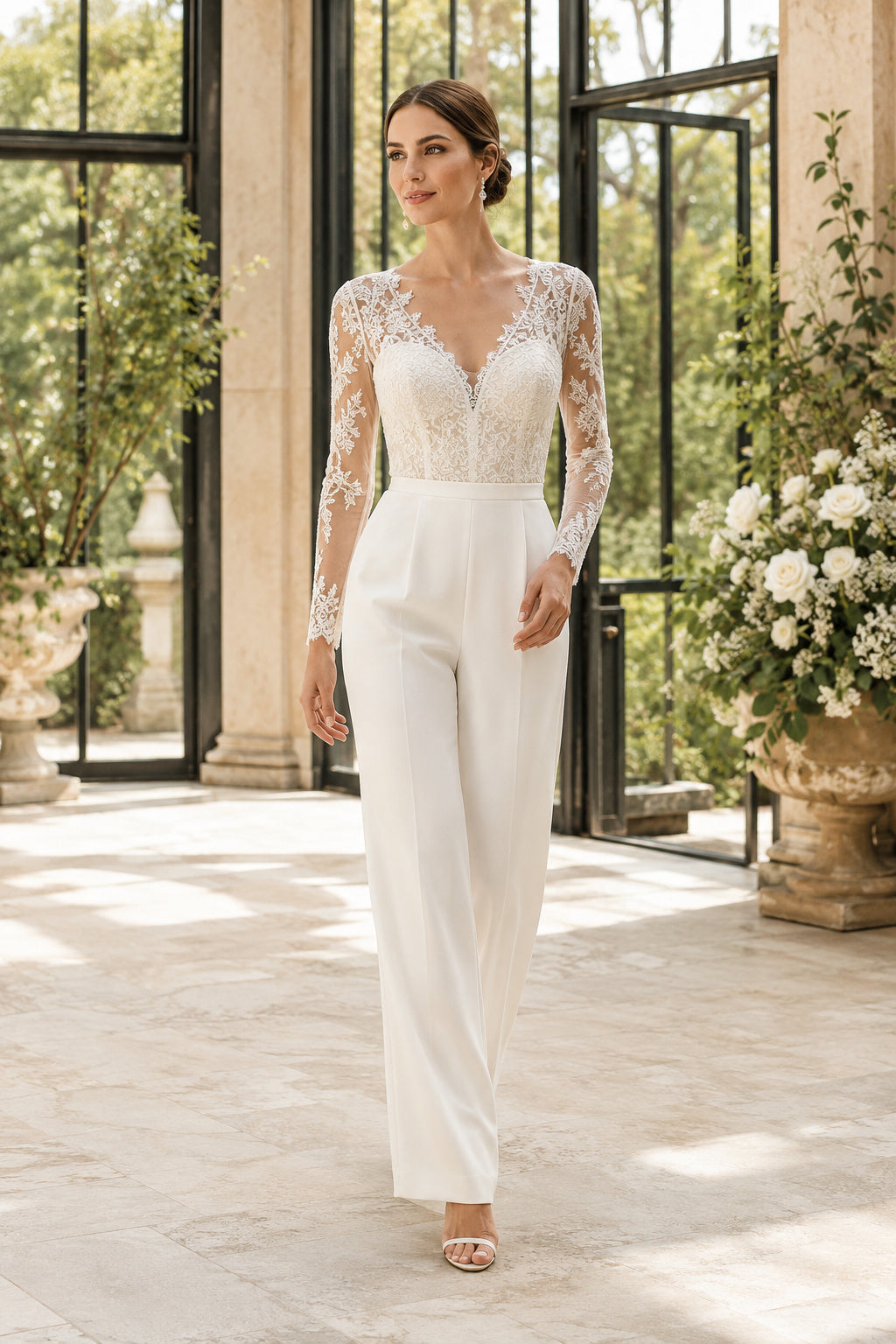 Long Sleeve Lace Bodice Bridal Jumpsuit with Button Back front view