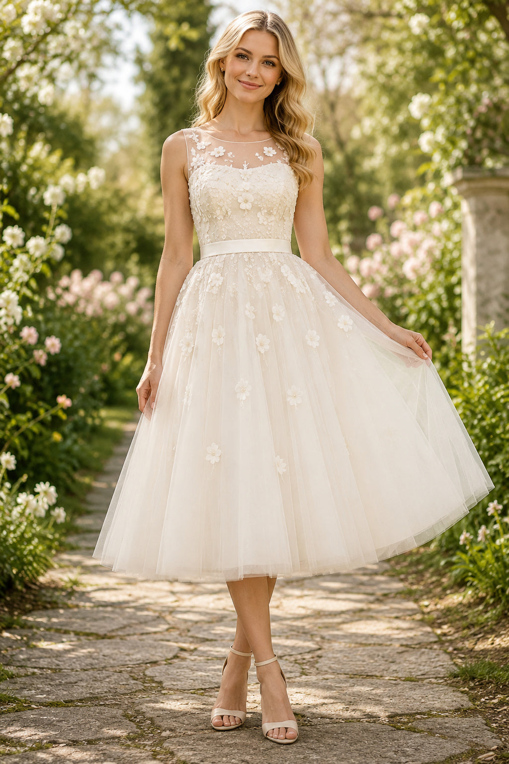 Ivory Sleeveless Lace Tea-Length Wedding Dress with Illusion Back front view