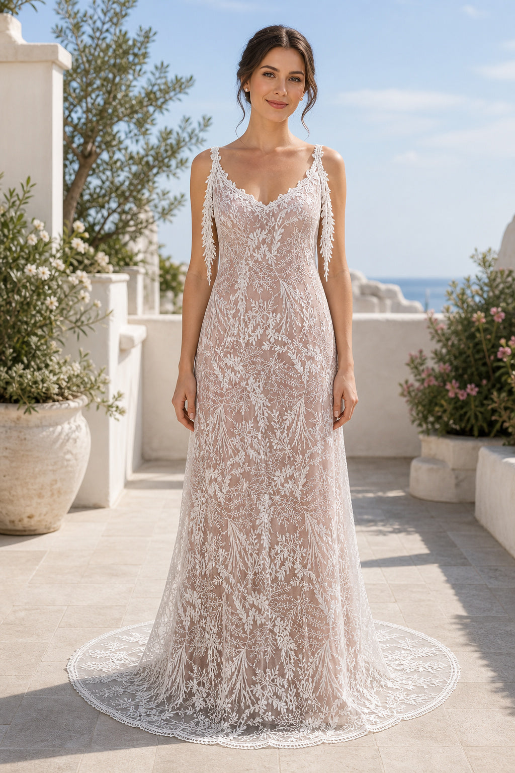 Blush V-neck Sheath Lace Floor-length Formal Dress With Lace and Train and Open Back