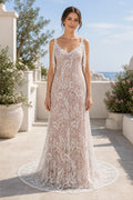 Blush V-neck Sheath Lace Floor-length Formal Dress With Lace and Train and Open Back