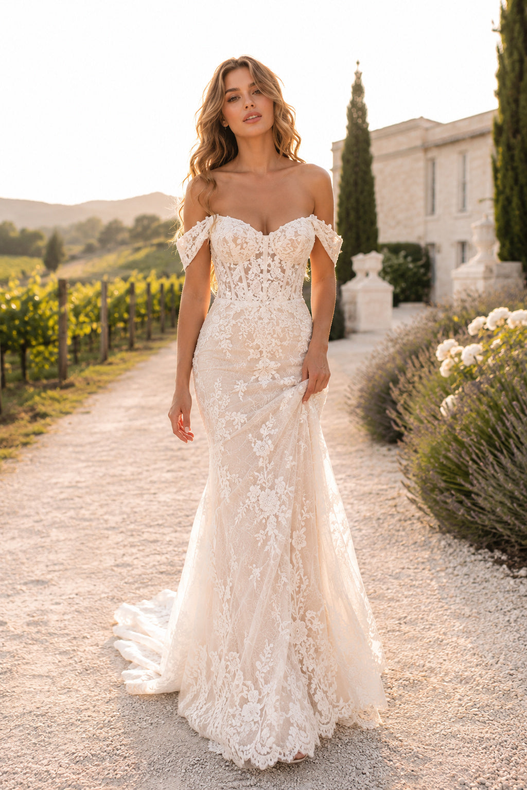 Ivory Sexy Off-the-Shoulder Mermaid Allover Lace Wedding Dress with Cap Lace Sleeves and Sweep Train front view