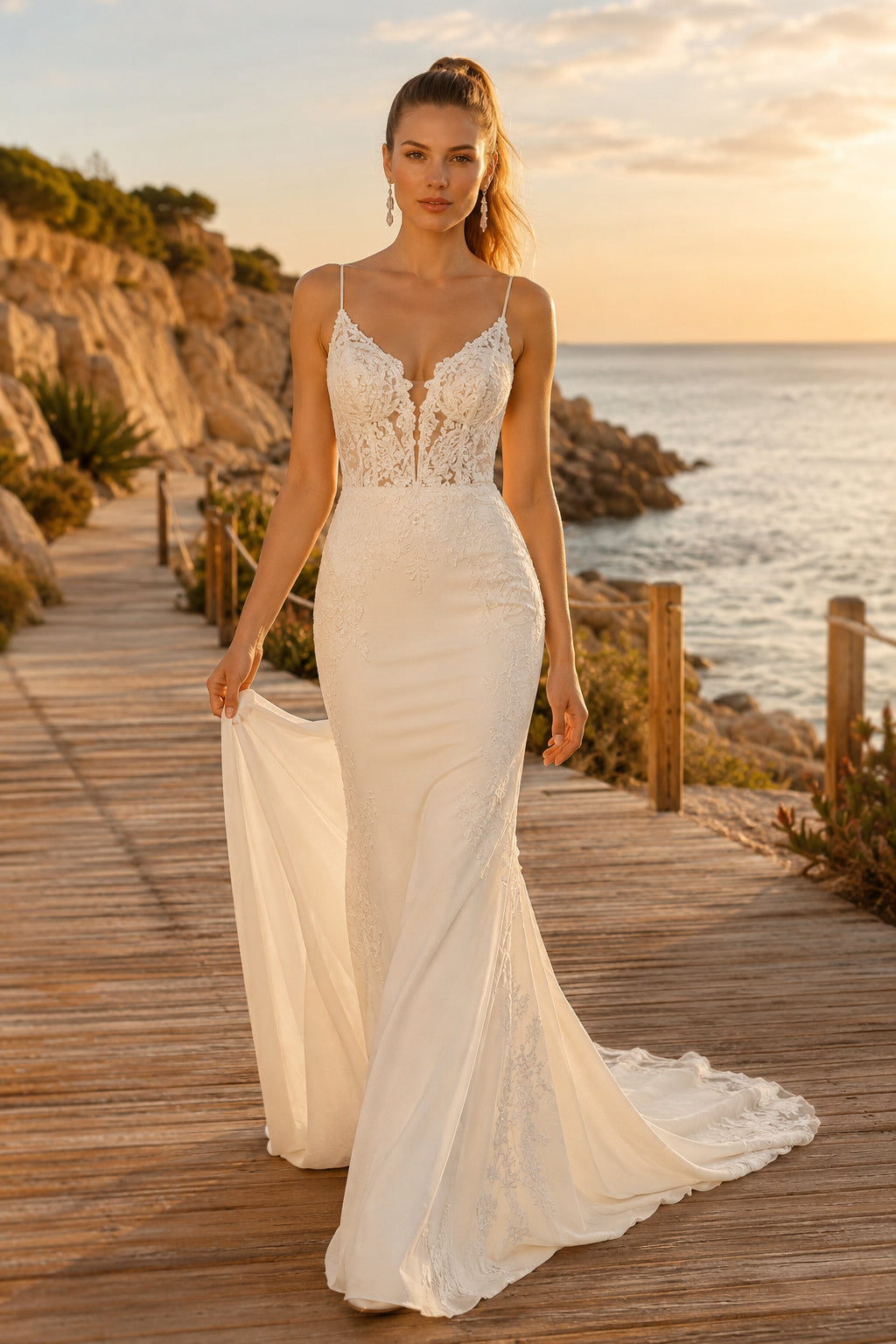 Ivory Spaghetti V-Neck Stretch Satin Mermaid Wedding Dress Lace Bodice Train for Bridal Ceremony and Reception front view