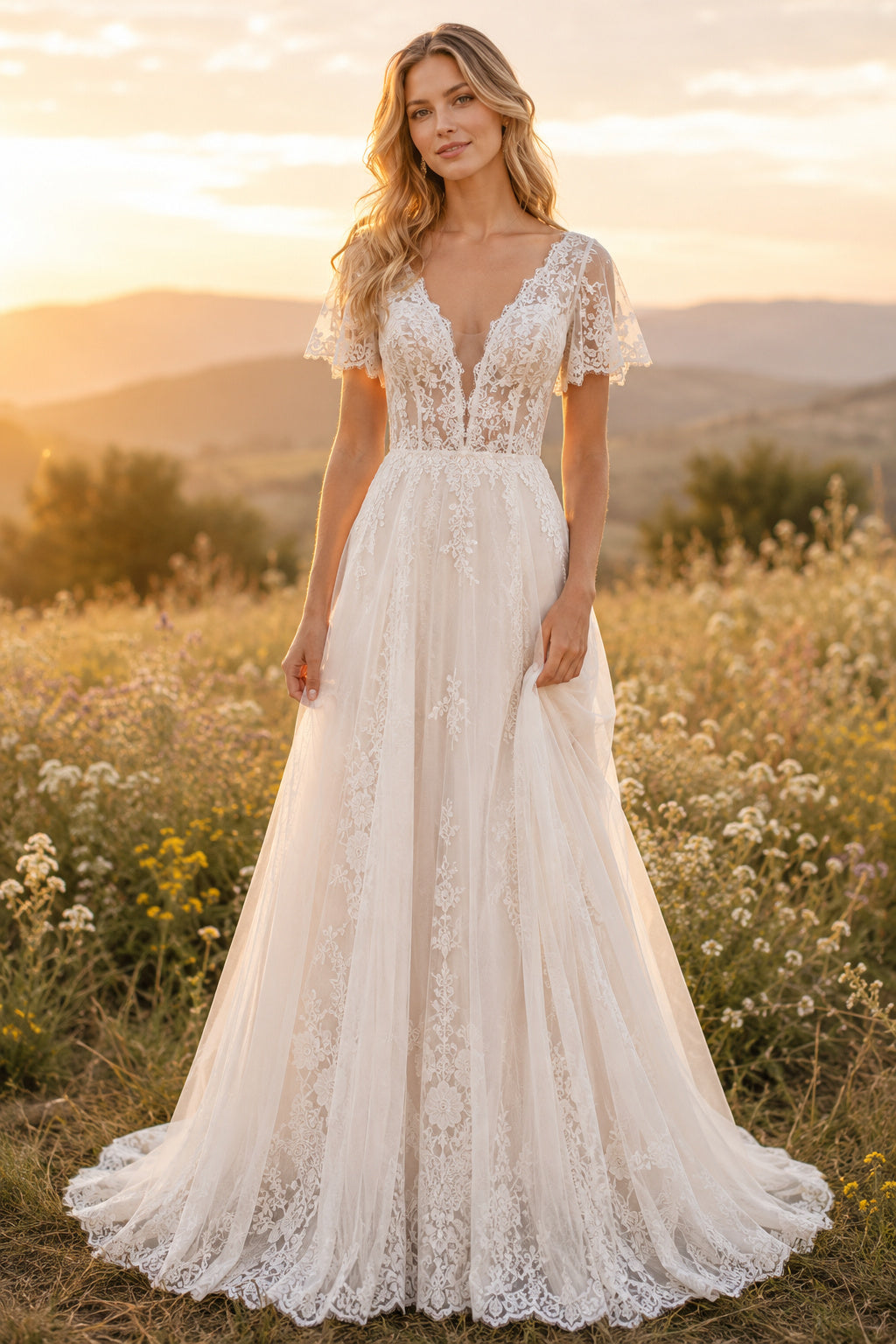 Ivory Cap Sleeve Lace A-Line Boho Wedding Dress with Plunging V-Neck and Low Back front view