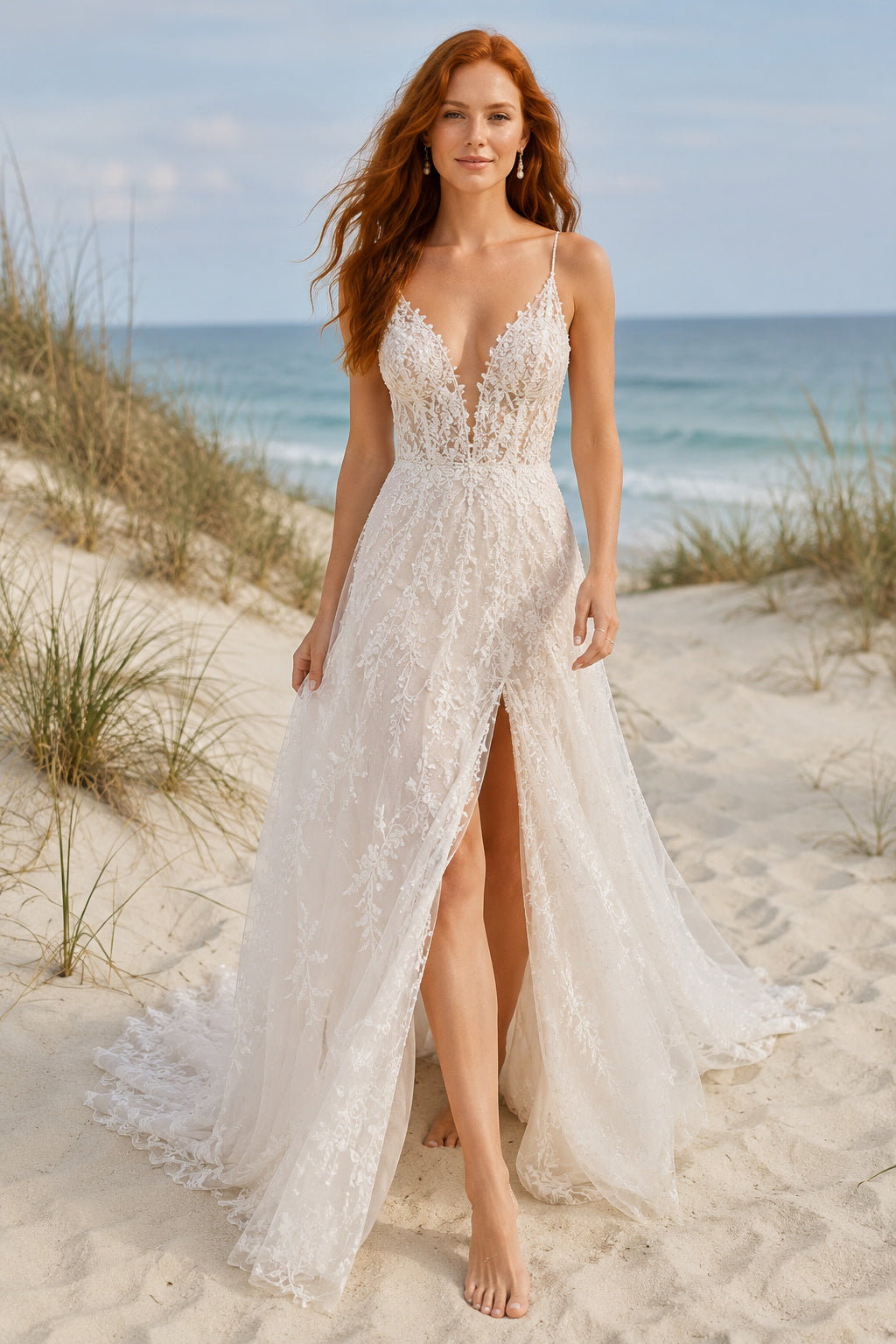 Ivory Spaghetti V-Neck Lace Tulle A-Line Wedding Dress Split Front for Wedding Ceremony and Reception front view