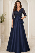 Dark Navy Lace Bodice A-Line Mother Dress Satin Skirt for Mother and Formal Events front view