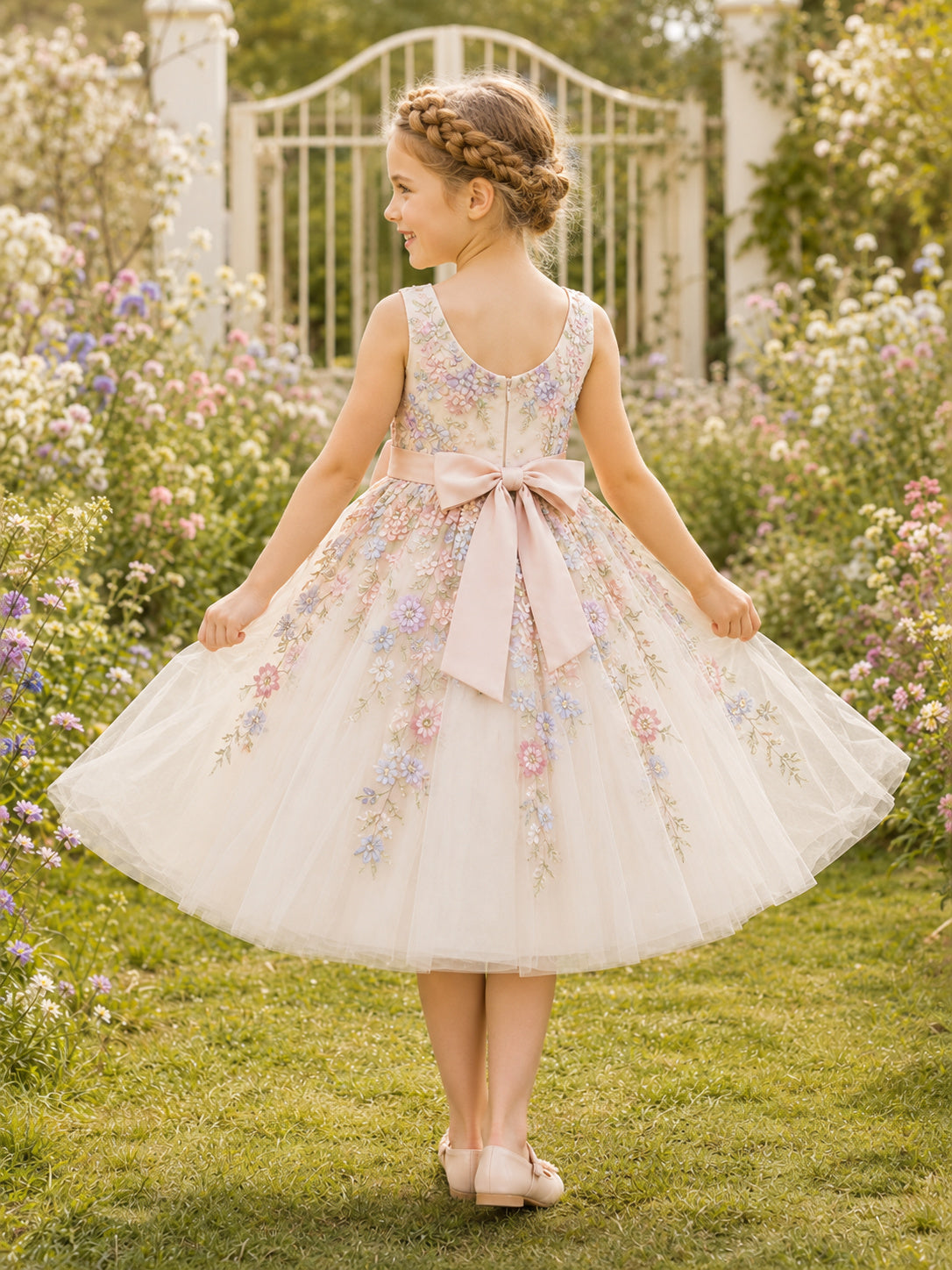 Pastel Floral Embroidery Romantic Princess Knee-Length A-Line Tulle Sleeveless Flower Girl Dress back view