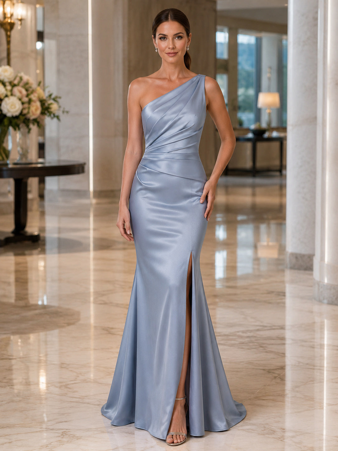 Dusty Blue One Shoulder Satin Floor Length Mermaid Dress With Side Slit front view