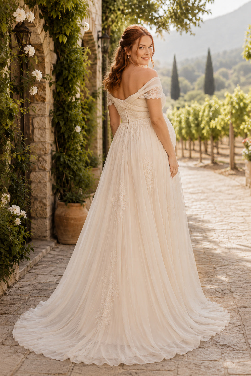 Ivory Off-the-Shoulder Tulle Maternity Wedding Dress with Draped Bodice back view