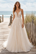 Ivory Spaghetti V-Neck Lace Tulle A-Line Wedding Dress Low Back for Bridal Ceremony and Reception front view