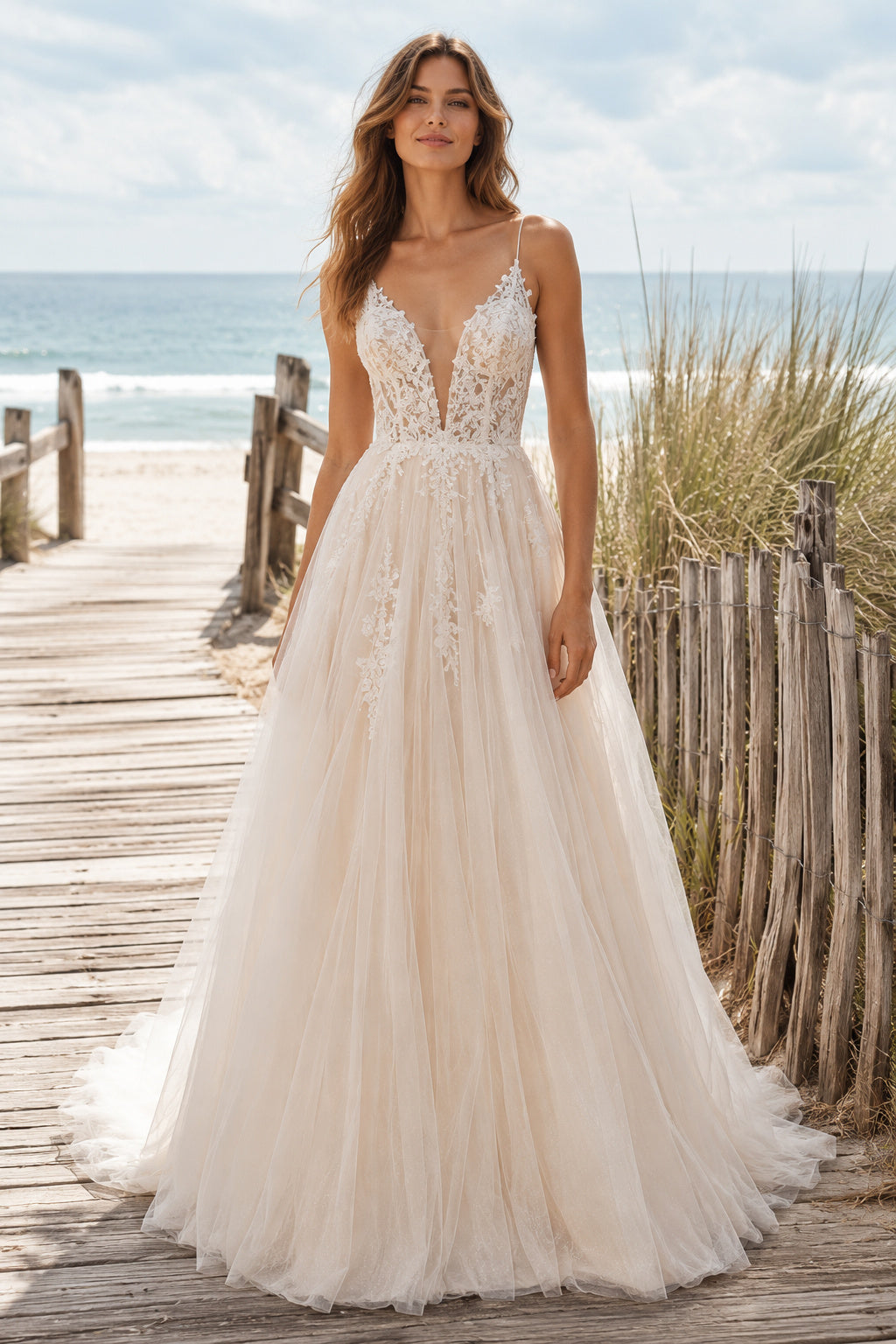 Ivory Spaghetti V-Neck Lace Tulle A-Line Wedding Dress Low Back for Bridal Ceremony and Reception front view
