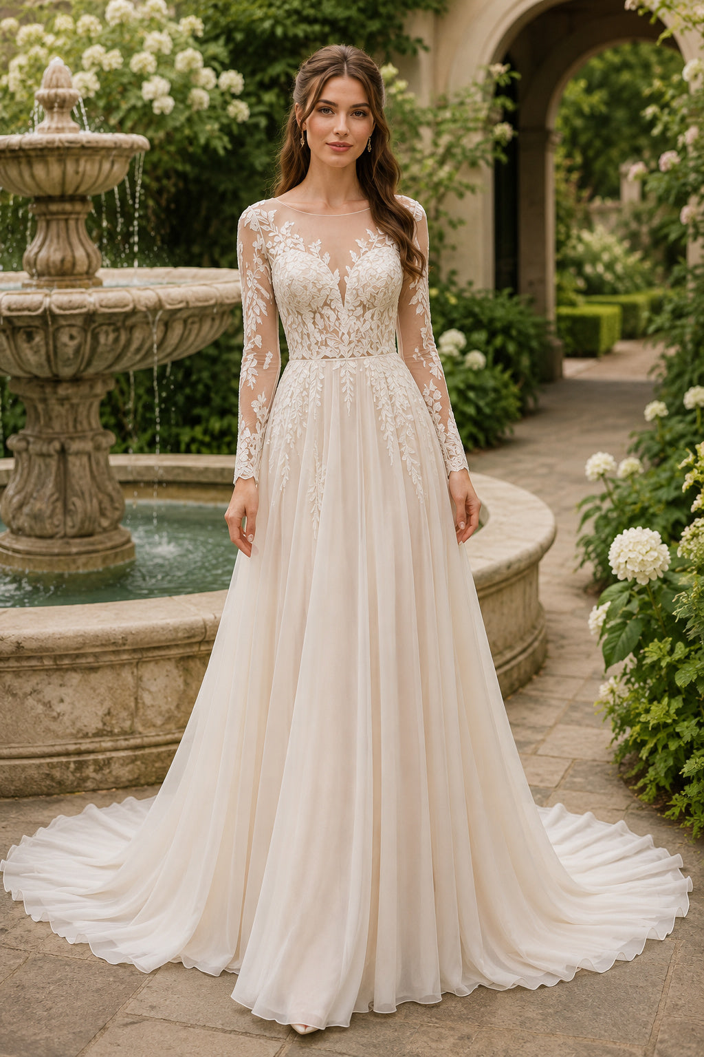 Ivory Square Neck Long Sleeve Lace A-Line Wedding Dress with Illusion Back and Train front view