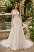 Ivory Square Neck Long Sleeve Lace A-Line Wedding Dress with Illusion Back and Train front view