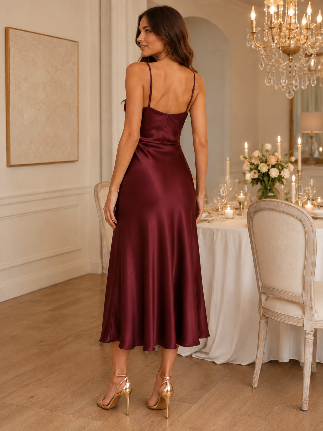 Burgundy Satin Cowl Neck Midi Slip Dinner Dress back view