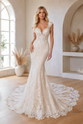 Ivory Strap V-Neck Lace Mermaid Wedding Dress Corset Train for Wedding Ceremony and Reception front view