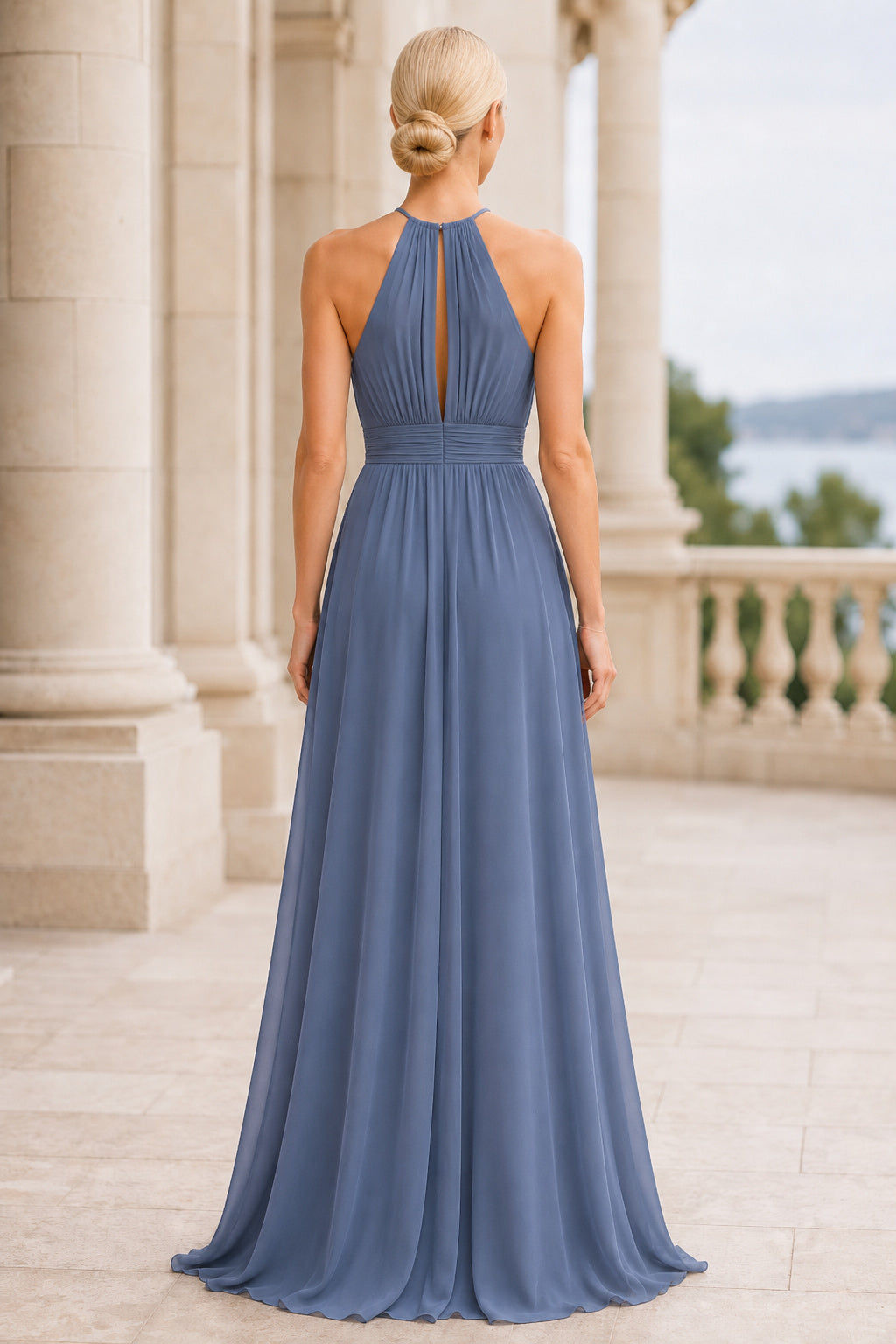 Steel Blue Halter Chiffon A-Line Bridesmaid Dress with Keyhole Back and Pleated Skirt back view
