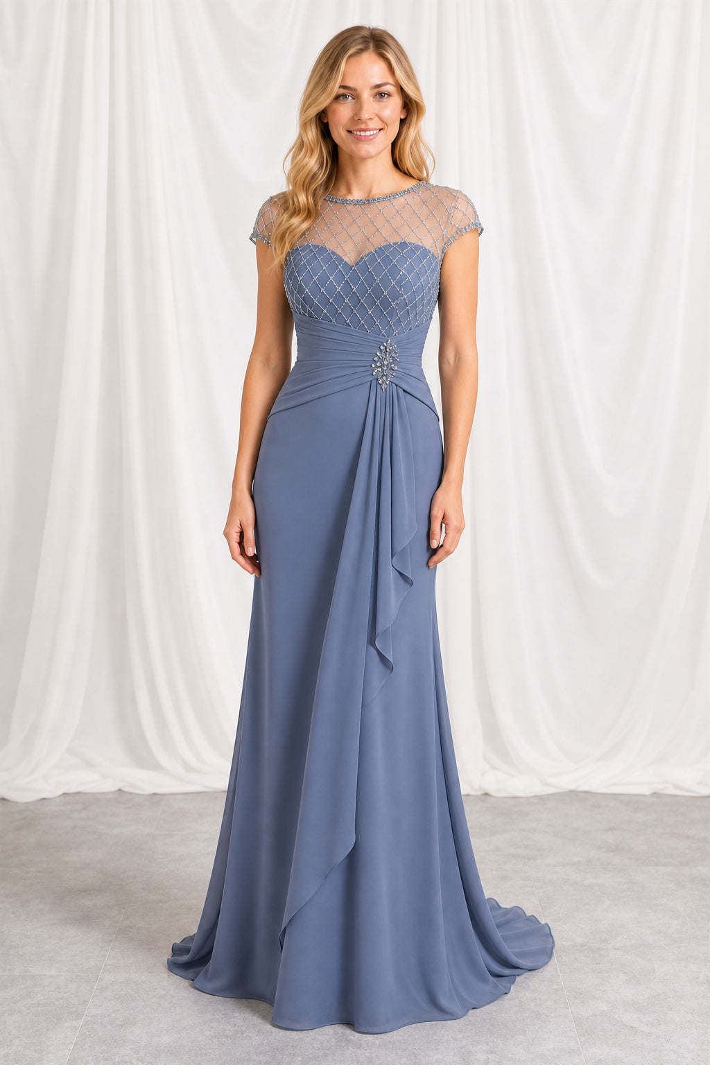 Blue Bateau Cap Sleeve Sheath Chiffon Floor-Length Dress With Illusion Back