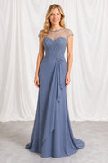 Blue Bateau Cap Sleeve Sheath Chiffon Floor-Length Dress With Illusion Back