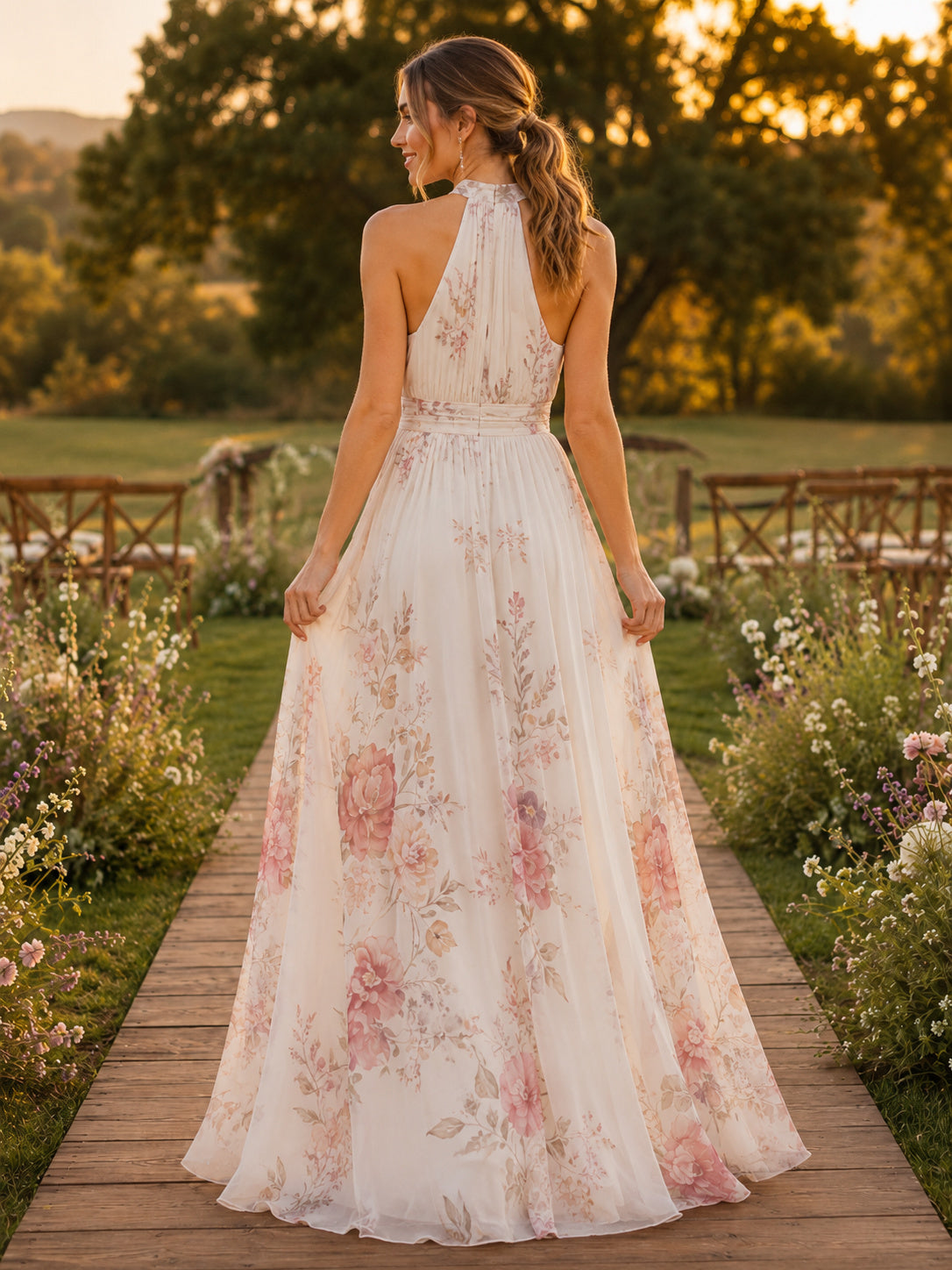 Halter Floral Print Chiffon Outdoor Summer Wedding Gown back view