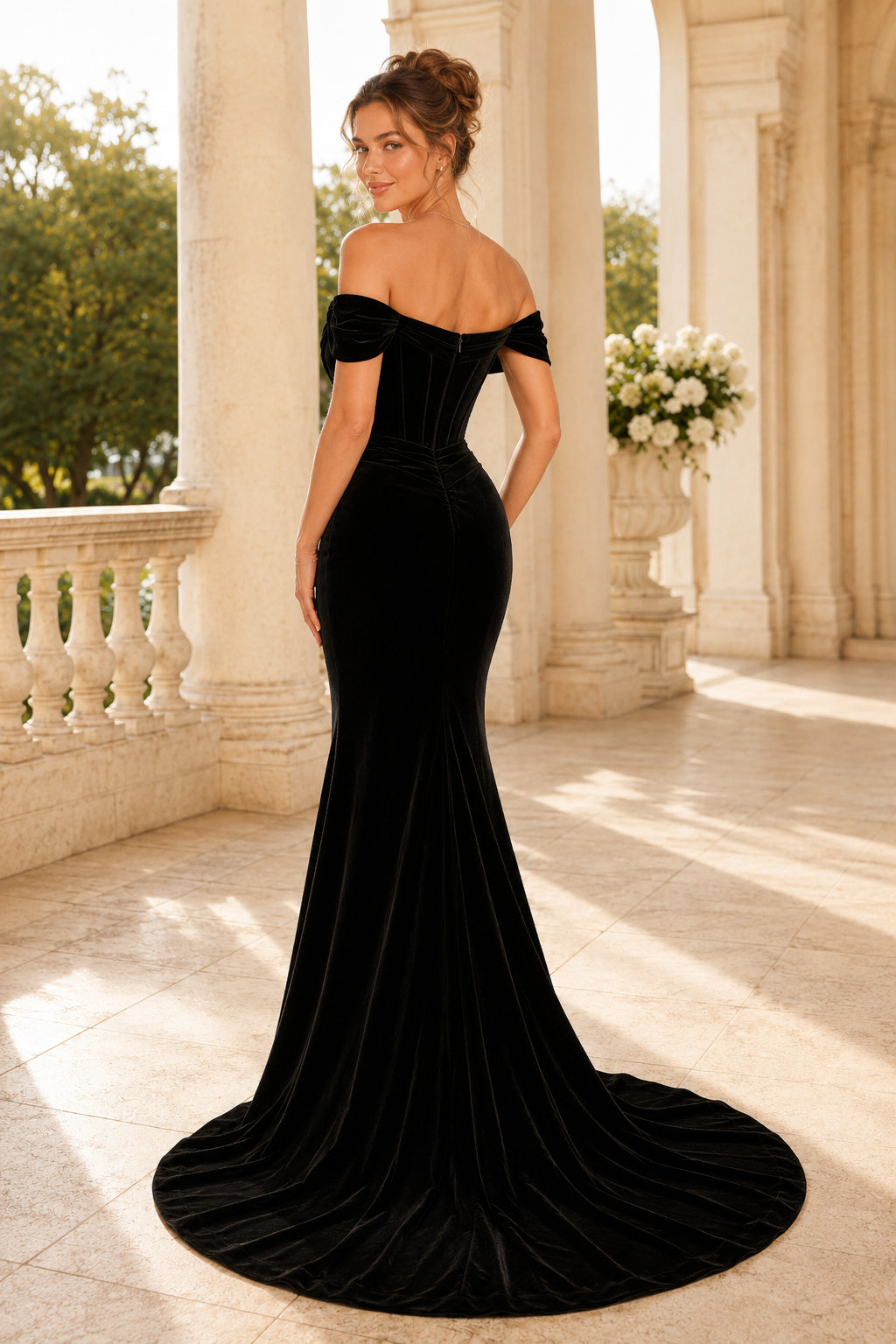 Evening Gown Black Velvet Mermaid Off Shoulder Short Sleeve Ruched Sweep Train back view