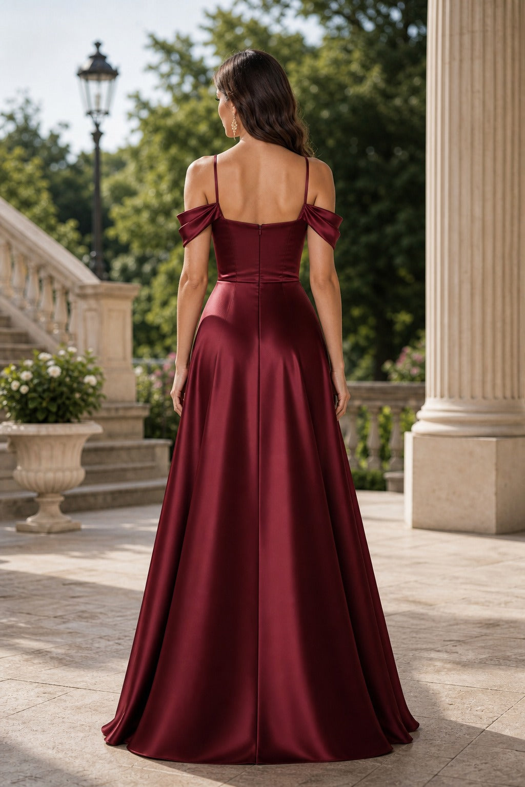 Burgundy Off-the-Shoulder Floor-Length Satin Sheath Dress