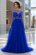 Illusion Neck A-Line Tulle Floor-Length Dress With Beaded Bodice