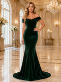 Emerald Off Shoulder Velvet Mermaid Formal Evening Gown front view