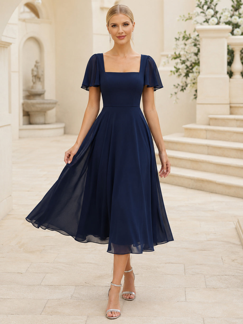 Dark Navy Square Neck Chiffon Tea Dress front view