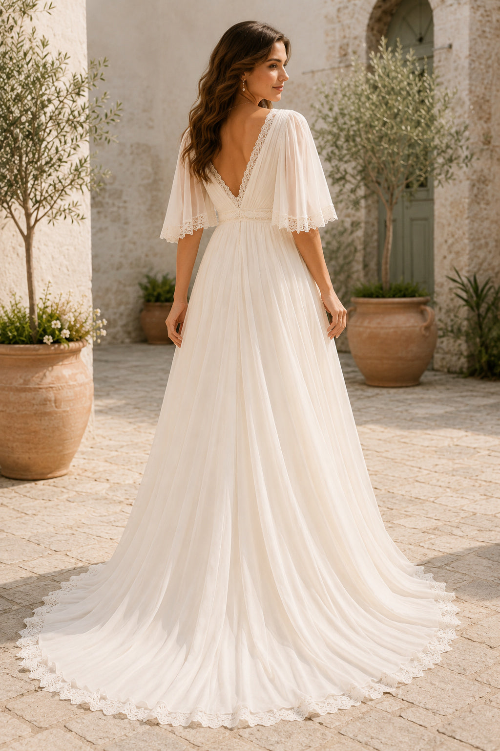 Ivory Simple V-Neck A-Line Chiffon Wedding Dress with Flutter Sleeves and Sweep Train back view