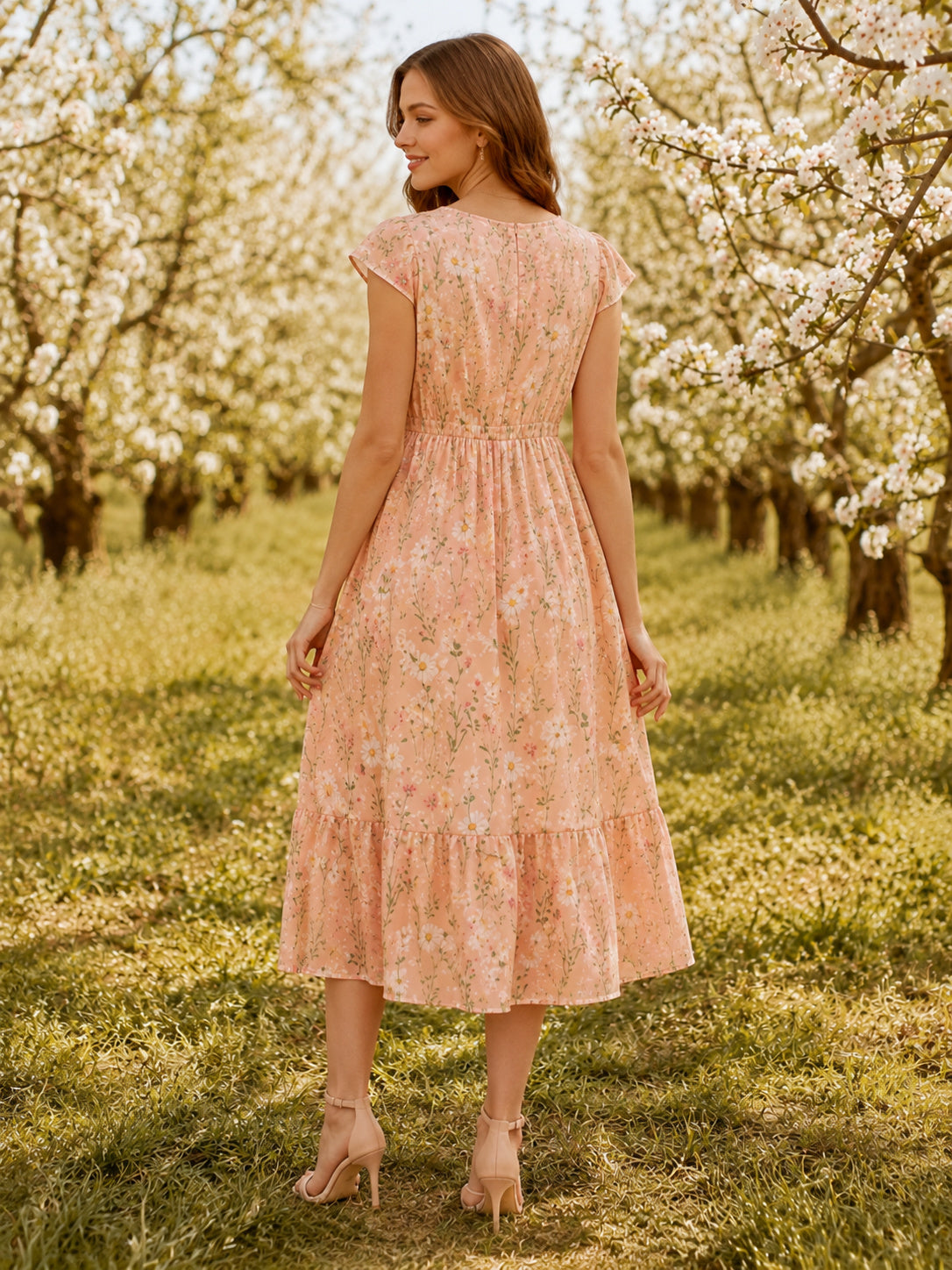 Peach Wildflower Print Cap Sleeve Orchard Midi Dress back view