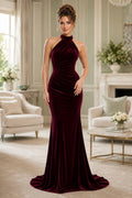 Burgundy Halter Velvet Mermaid Evening Dress with Open Back front view