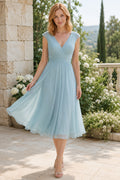 Mist Blue V-Neck Cap Sleeve Tulle Tea-Length A-Line Bridesmaid Dress front view