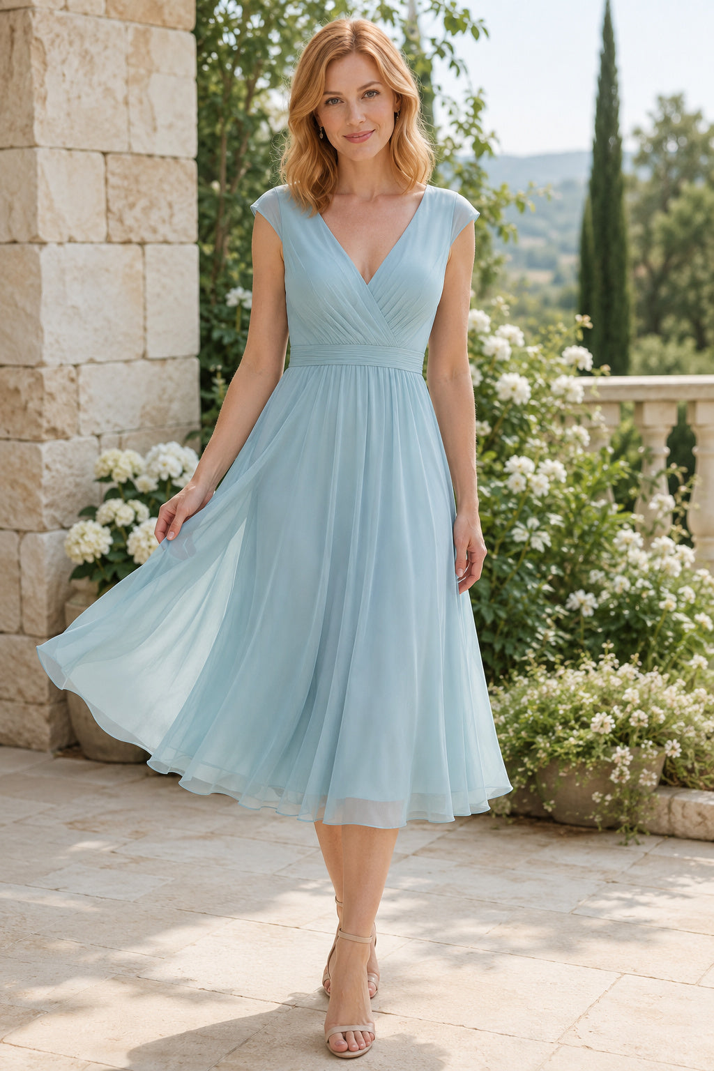 Mist Blue V-Neck Cap Sleeve Tulle Tea-Length A-Line Bridesmaid Dress front view