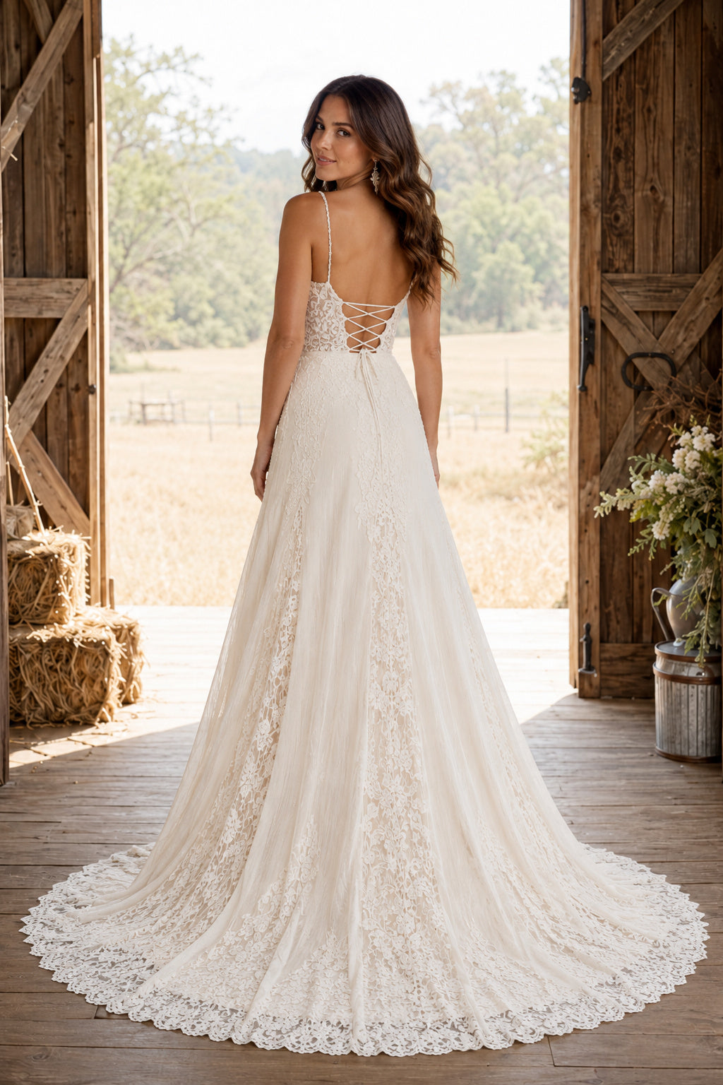 Ivory Spaghetti Strap Lace A-Line Boho Wedding Dress with Lace-Up Back and Train back view