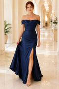 Dark Navy Off-the-Shoulder Satin Mermaid Evening Dress with Front Slit and Sweep Train front view