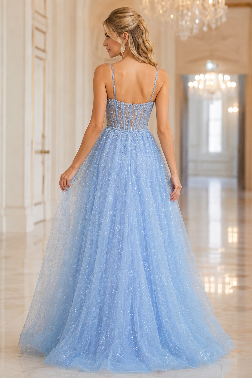 Sky Blue Spaghetti Strap Glitter Tulle A-Line Prom Dress with Corset Bodice back view