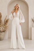 Ivory Puff Sleeve Lace Bridal Jumpsuit with Plunging V-Neck and Wide Pants front view