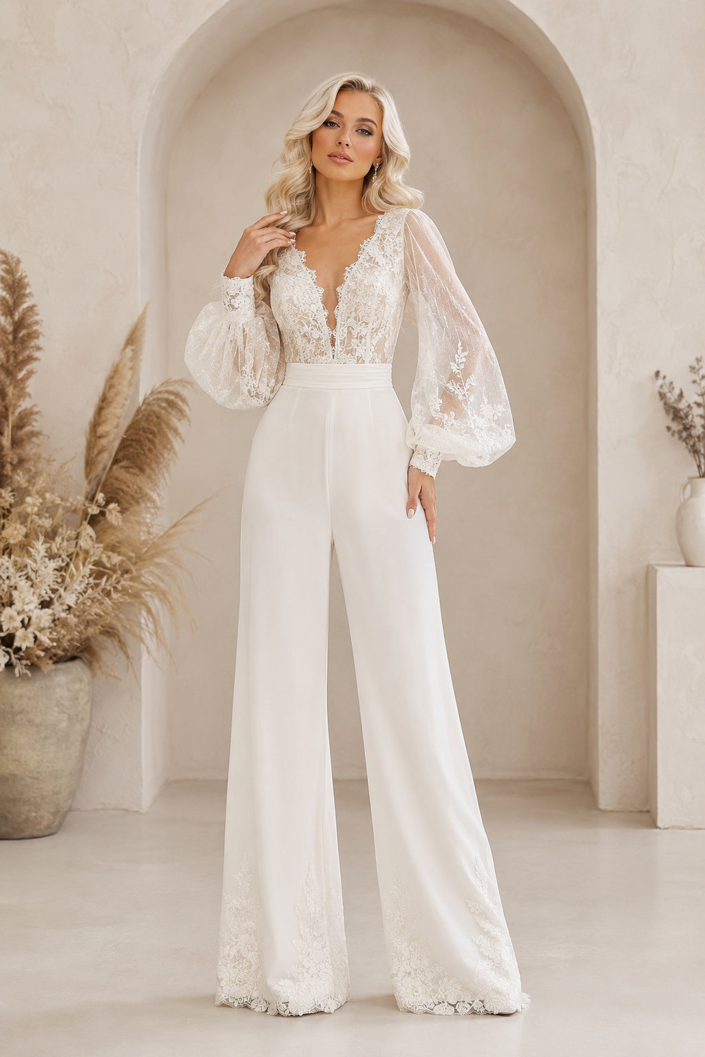 Ivory Puff Sleeve Lace Bridal Jumpsuit with Plunging V-Neck and Wide Pants front view