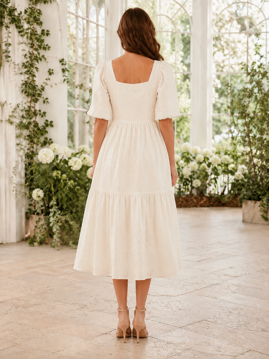 Ivory Square Neck Puff Sleeve Tiered Midi Dress back view