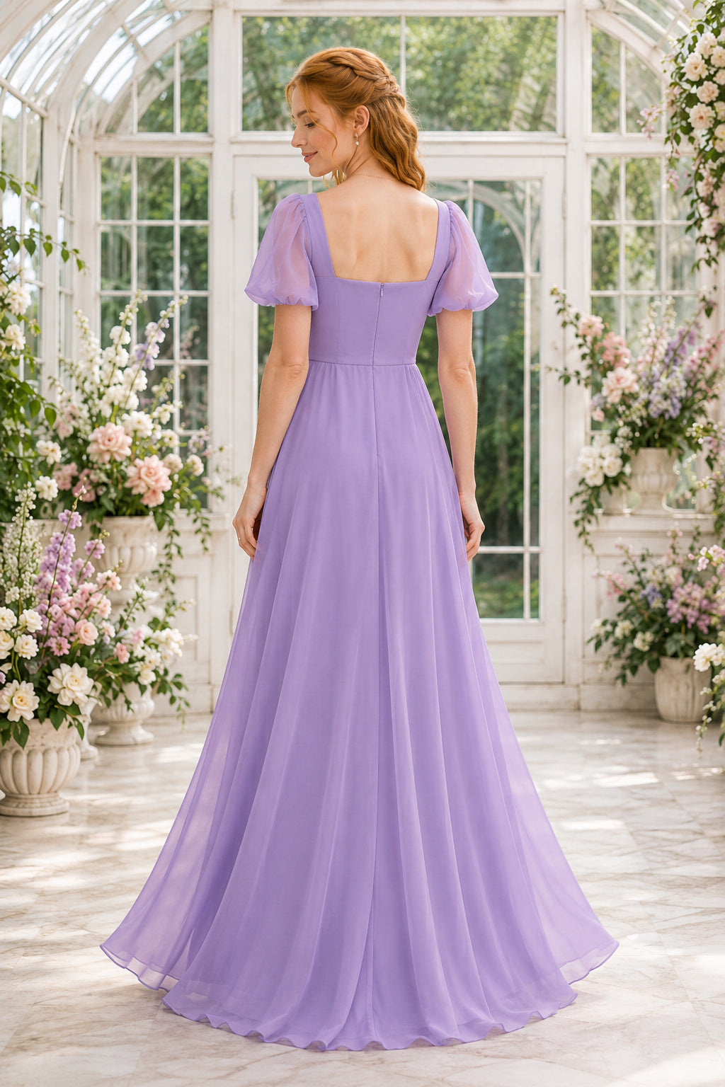 Lavender Square Neck Chiffon A-Line Bridesmaid Dress with Puff Sleeves and Ruffled Skirt back view