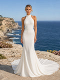 Beach Satin Chiffon Wedding Dress Mermaid Halter Sleeveless Sweep Train Bridal Gown front view