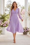 Lavender Long Sleeve Chiffon Tea Length A-Line Guest Dress for Bridesmaids Wedding Guests and Formal Receptions front view