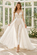 Ivory V Neck Lace Wedding Jumpsuit with Tulle Overskirt front view