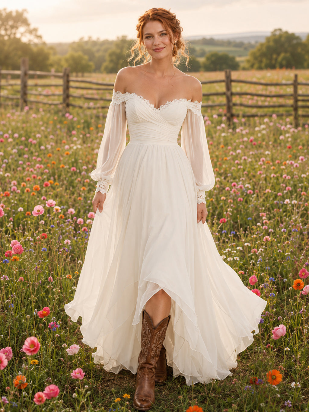 Wildflower Country Boho Romantic A-Line Tulle Chiffon Wedding Dress with Off Shoulder Sweetheart Bell Sleeves Long Sleeve Flo