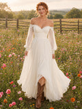 Wildflower Country Boho Romantic A-Line Tulle Chiffon Wedding Dress with Off Shoulder Sweetheart Bell Sleeves Long Sleeve Flo