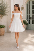 White Off-the-shoulder Off-the-shoulder A-Line Tulle Short Dress With Bow and Tulle Skirt and Lace-up Back