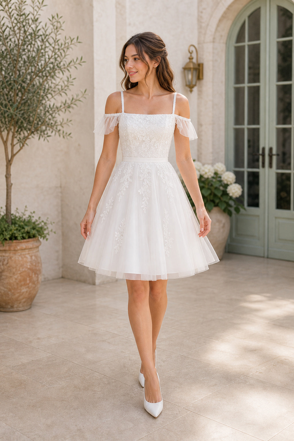 White Off-the-shoulder Off-the-shoulder A-Line Tulle Short Dress With Bow and Tulle Skirt and Lace-up Back
