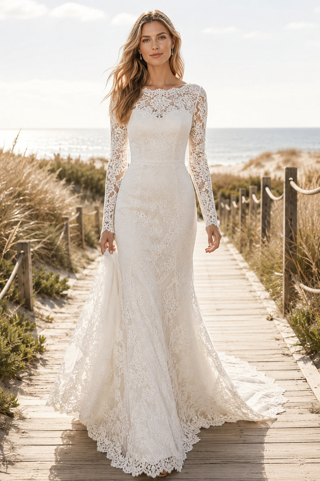 Ivory Modest Bateau Neck Mermaid Allover Lace Wedding Dress with Long Lace Sleeves and Chapel Train Style MG_701331 front vie