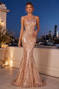 Champagne One Shoulder Sequin Mermaid Evening Dress for Prom Evening and Formal Reception Events front view
